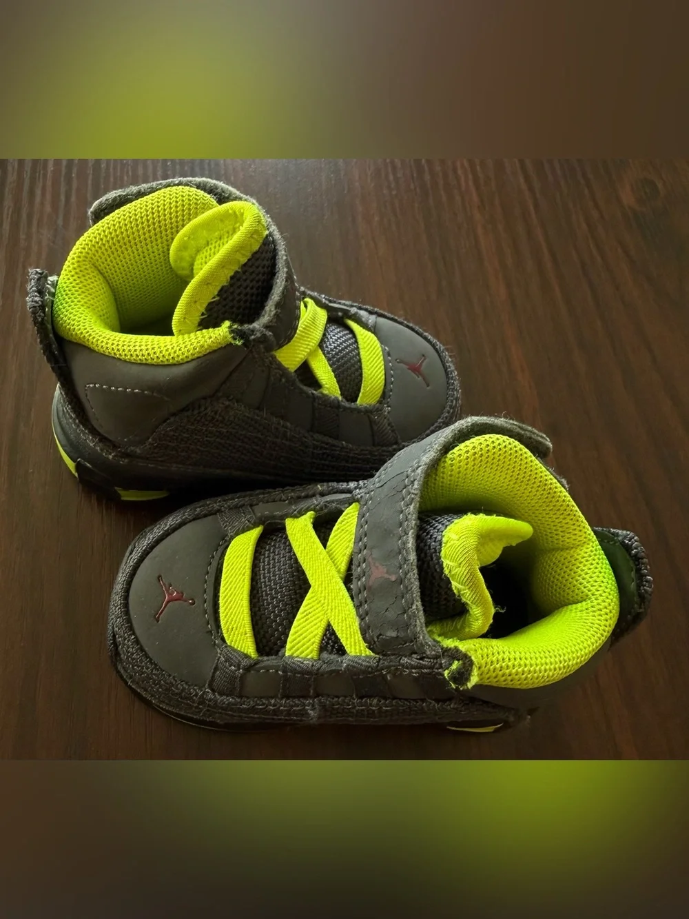 Jordan Size 2 Gray and Neon High-Top Sneakers with strap